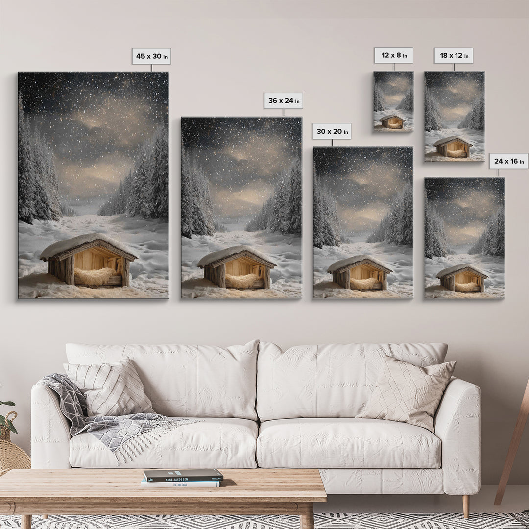 Silent Nativity Snow | Framed Canvas Print | Christmas Canvas Wall Art | Christian Art Work | Christian Christmas Art | Modern Christmas Ar