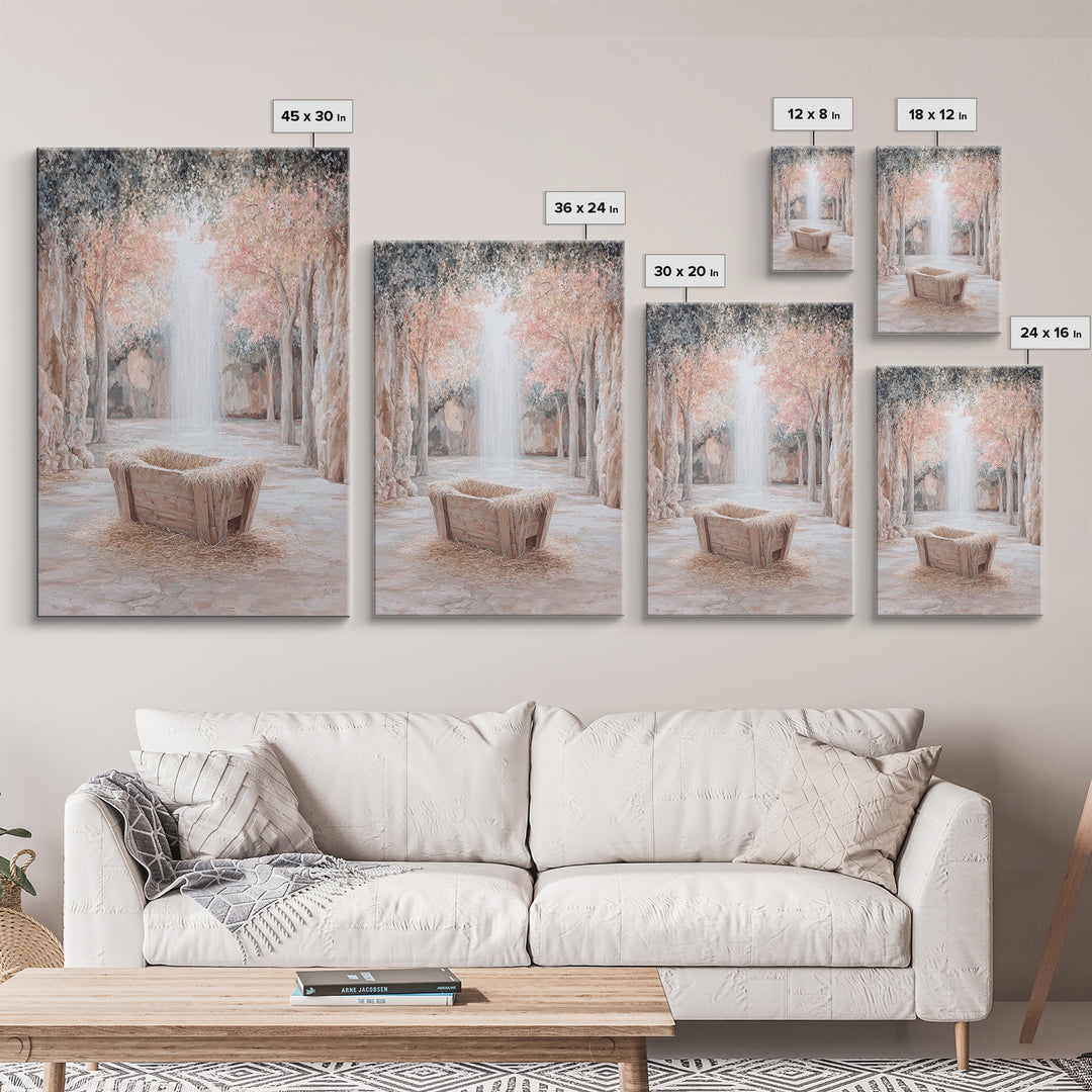 Garden Manger Glow, Framed Canvas Print, Christian Wall Art, Christian Art Canvas, Christmas Art Prints, Modern Christian Art, Christian Ch