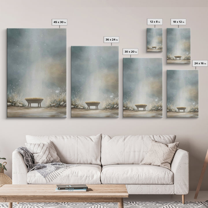 Heaven’s Gentle Cradle – Framed Canvas Print – Christmas Wall Art – Christian Christmas Art – Christian Art Canvas – White Christmas Art –