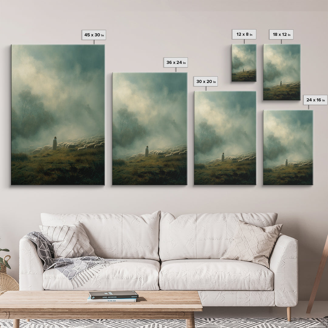 Guiding Shepherd – Framed Canvas Print – Christian Wall Art – Christian Art Canvas – Jesus Painting – Pastoral Scenery – Moody Christian Ar