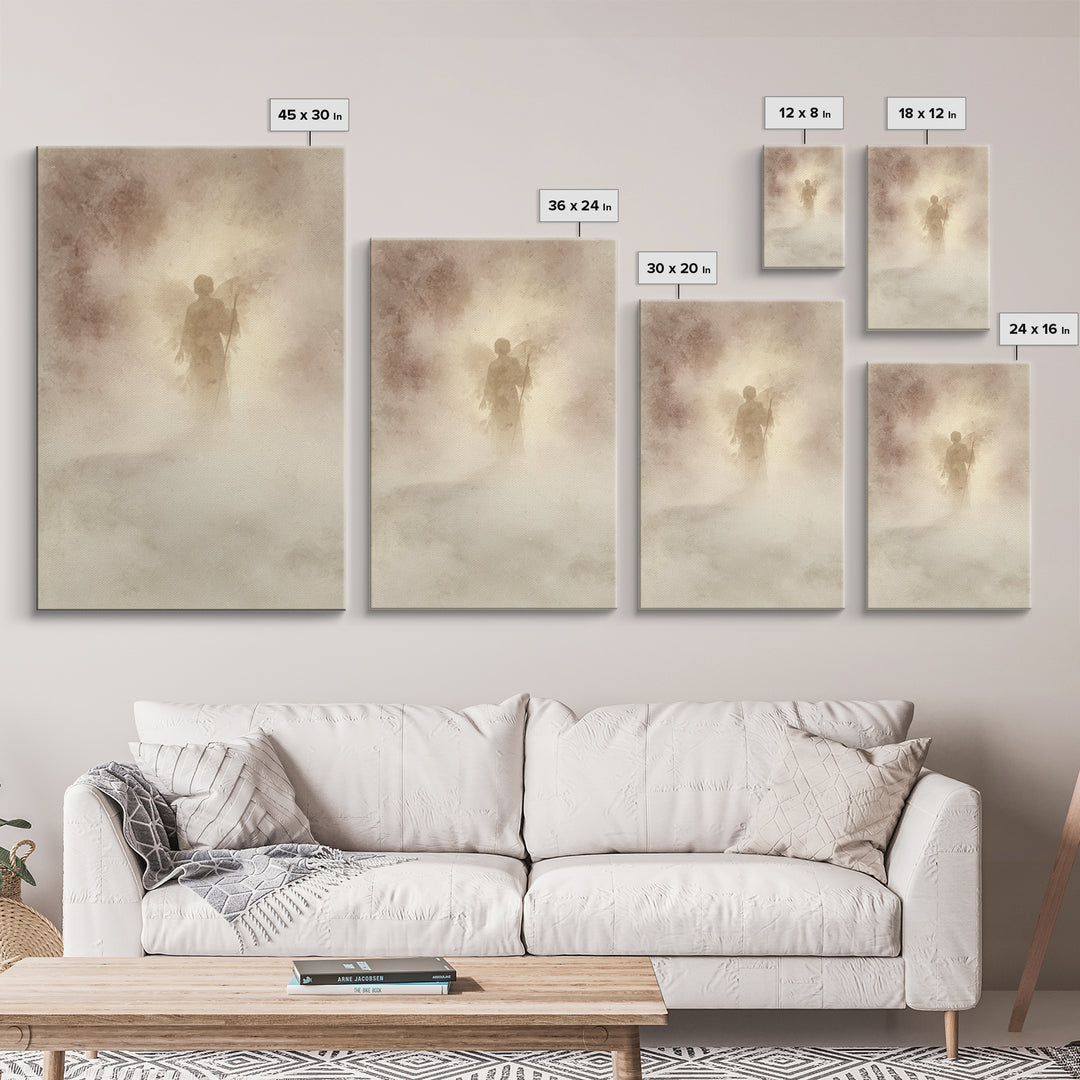 Shepherd In The Mist – Framed Canvas Print – Christian Art Canvas – Vintage Christian Art – Christian Wall Art – Subtle Christian Art – Chr