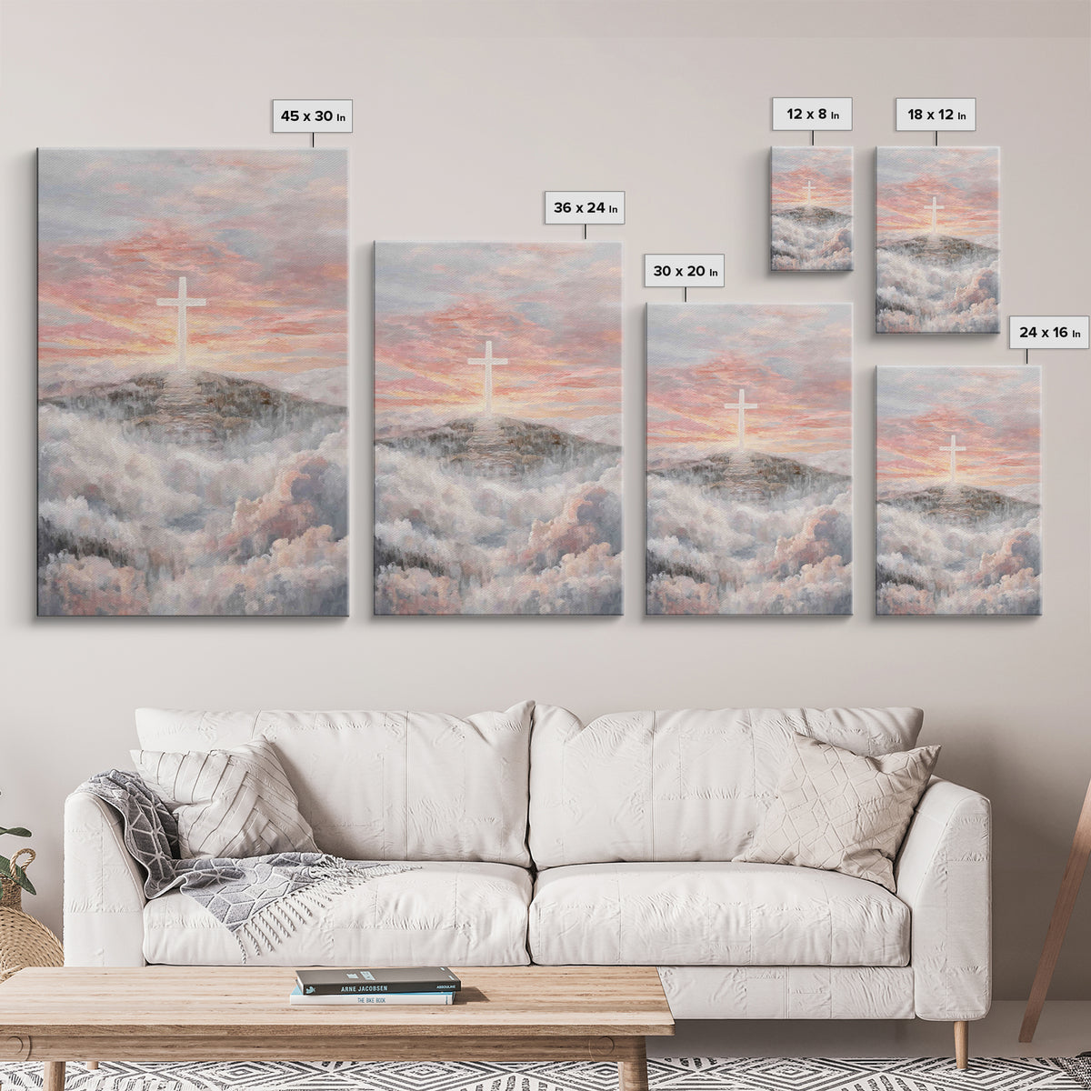 Hilltop Sunrise Cross, Framed Canvas Print, Christian Wall Art, Christian Art Print, Large Christian Painting, Christian Home Decor