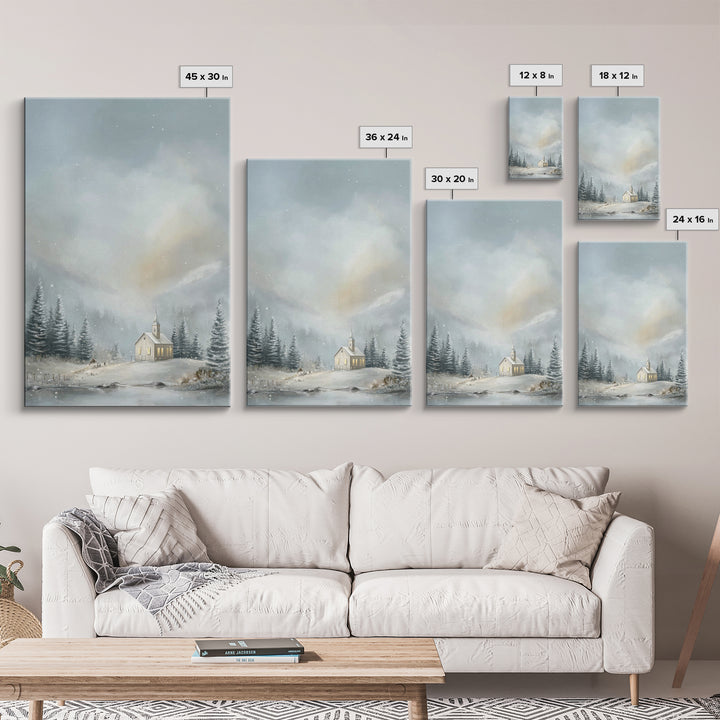 Winter Chapel Light | Framed Canvas Print | Christmas Art Prints | Christian Wall Art | Christian Christmas Decor | Christian Art Canvas |