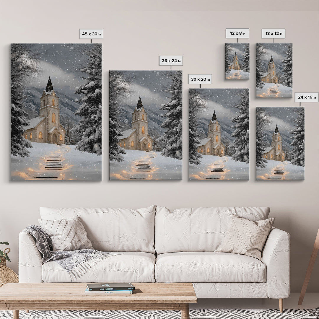 Snowfall Chapel – Framed Canvas Print – Christmas Wall Art – Christian Christmas Art – Framed Christmas Art – Christmas Art Work – Christia