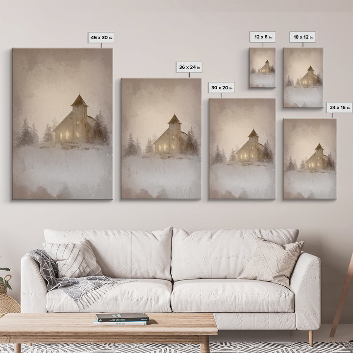 Silent Chapel Glow, Framed Canvas Print, Christian Wall Art, Christian Art Canvas, Christmas Art, Christian Holiday Art