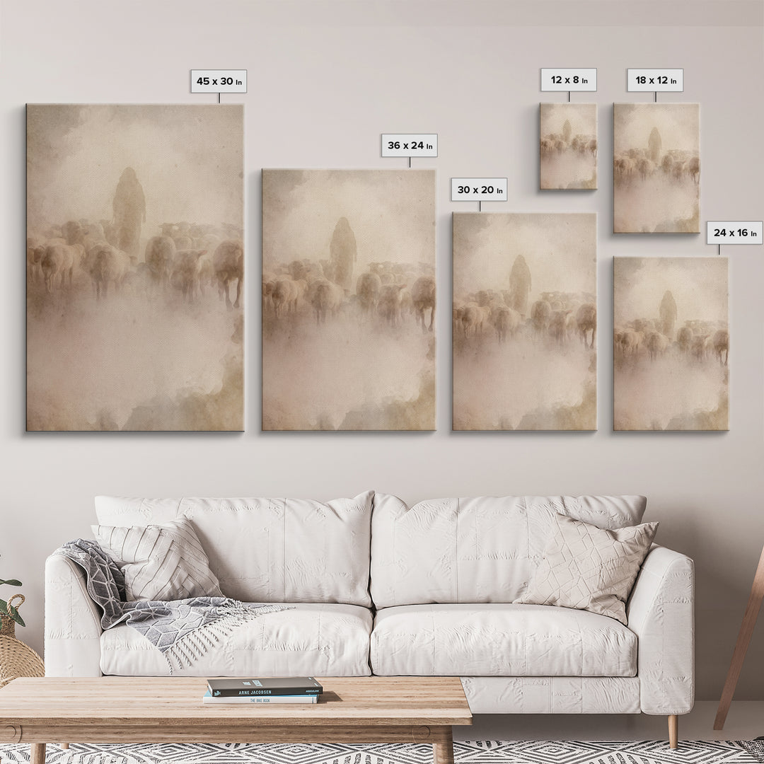 Shepherd In Haze | Framed Canvas Print | Christian Wall Art | Jesus Painting | Christian Art Canvas | Vintage Christian Art