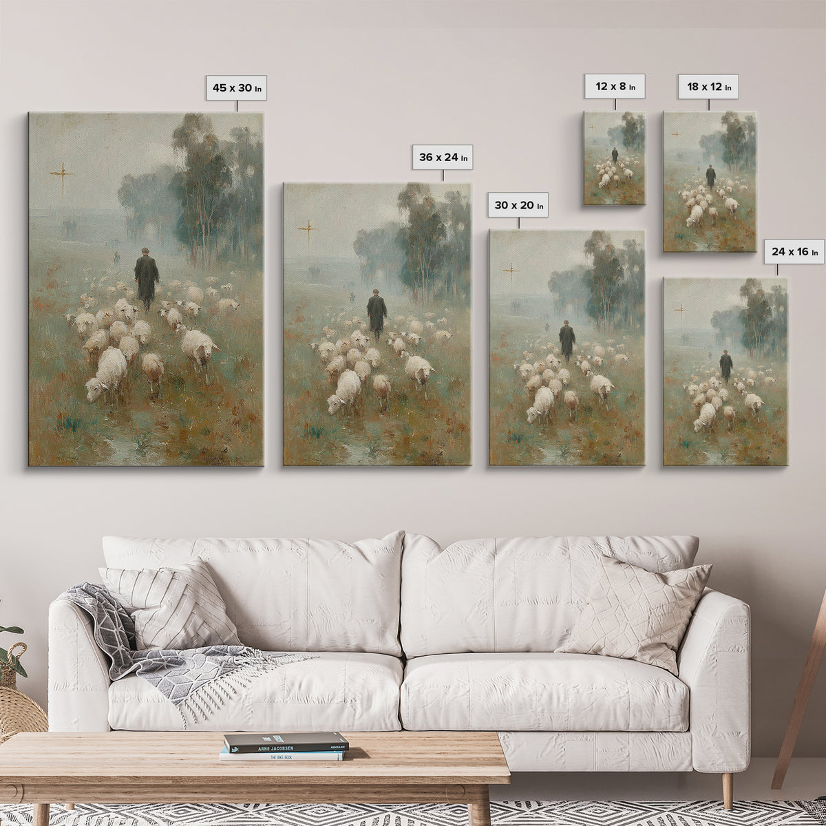 Misty Pasture Walk, Framed Canvas Print, Christian Wall Art, Christian Art Canvas, Jesus Painting, Christian Gift