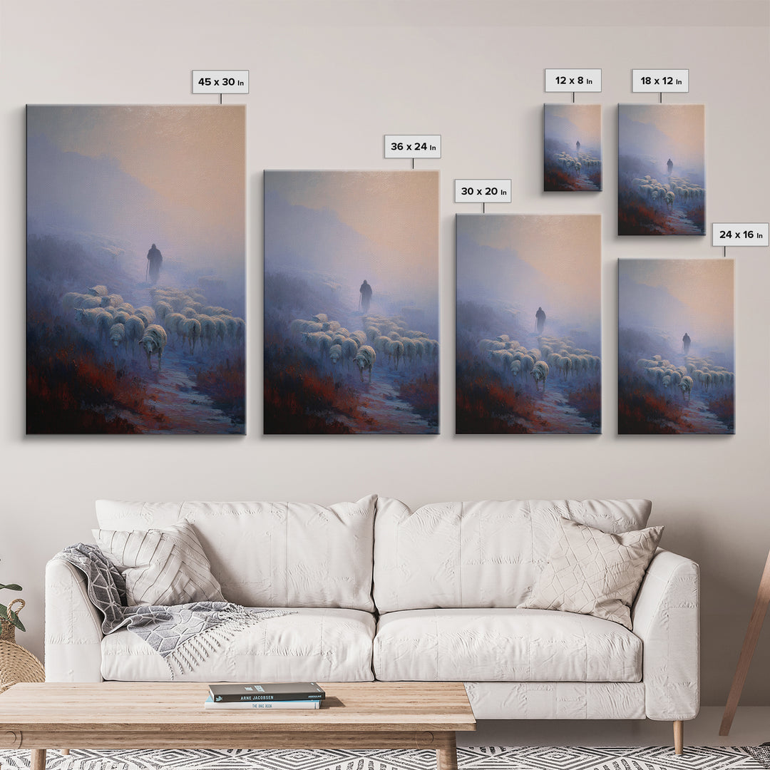 Shepherd’s Dawn Path | Framed Canvas Print | Christian Art Canvas | Christian Wall Art | Pastoral Scenery | Moody Christian Art