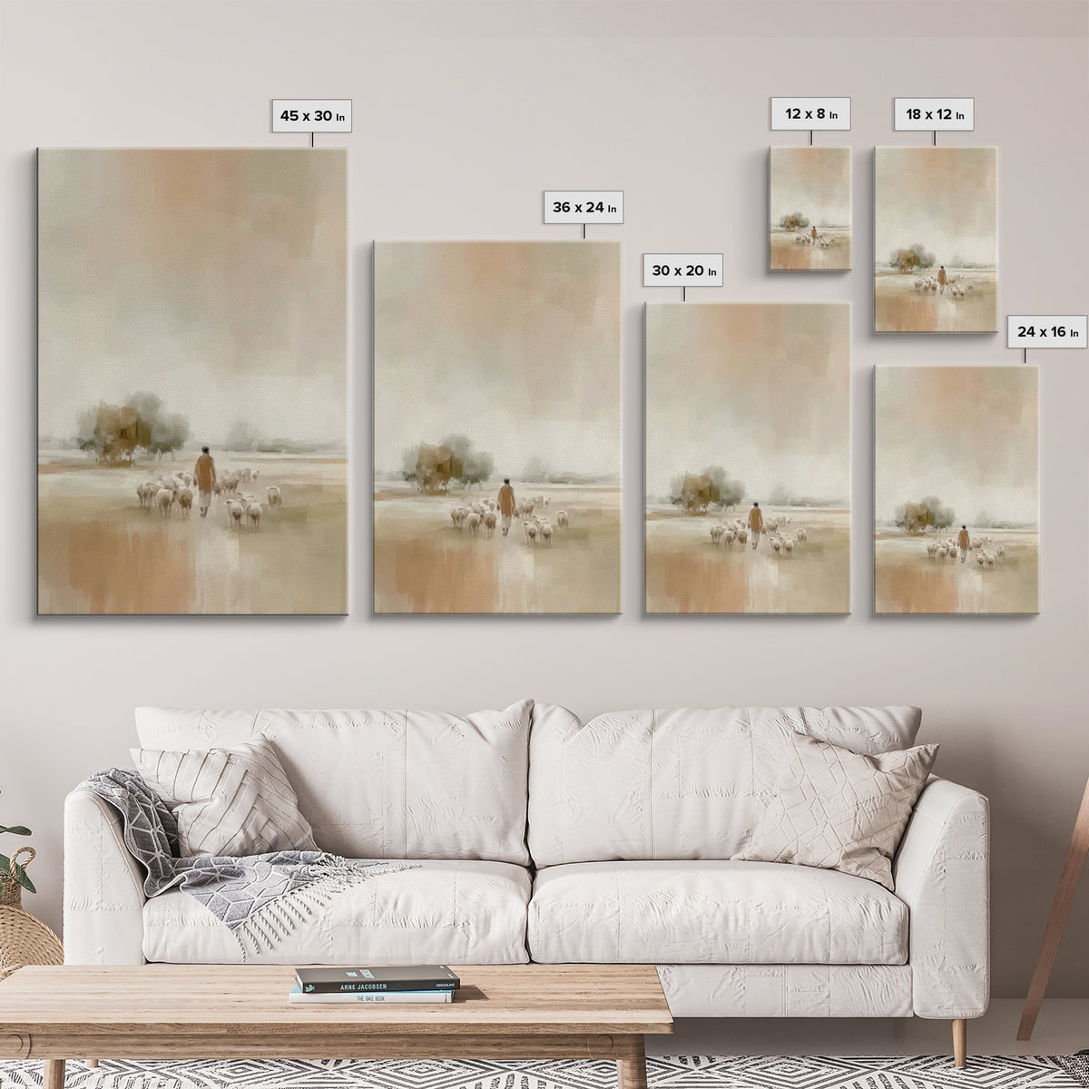 Quiet Field Shepherd, Framed Canvas Print, Christian Wall Art, Christian Art Canvas, Pastoral Scenery, Minimalist Christian Art
