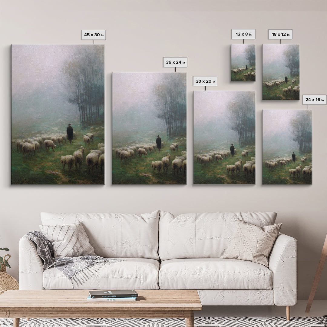 Misty Shepherd Field – Framed Canvas Print – Christian Art Canvas – Christian Wall Art – Pastoral Scenery – Moody Christian Art