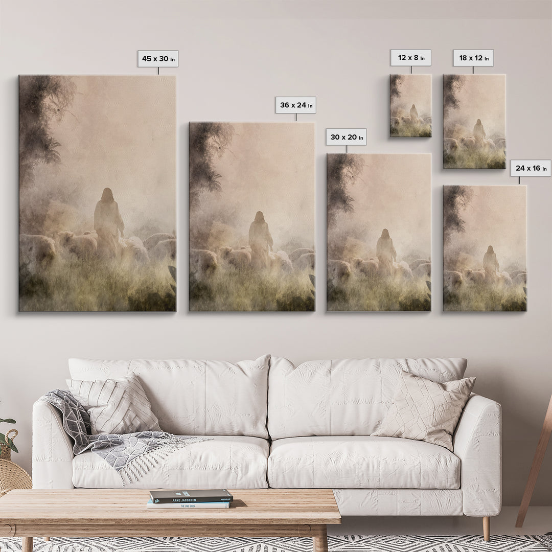 Shepherd In Light – Framed Canvas Print – Christian Wall Art – Christian Art Canvas – Moody Christian Art – Jesus Painting – Christian Gift