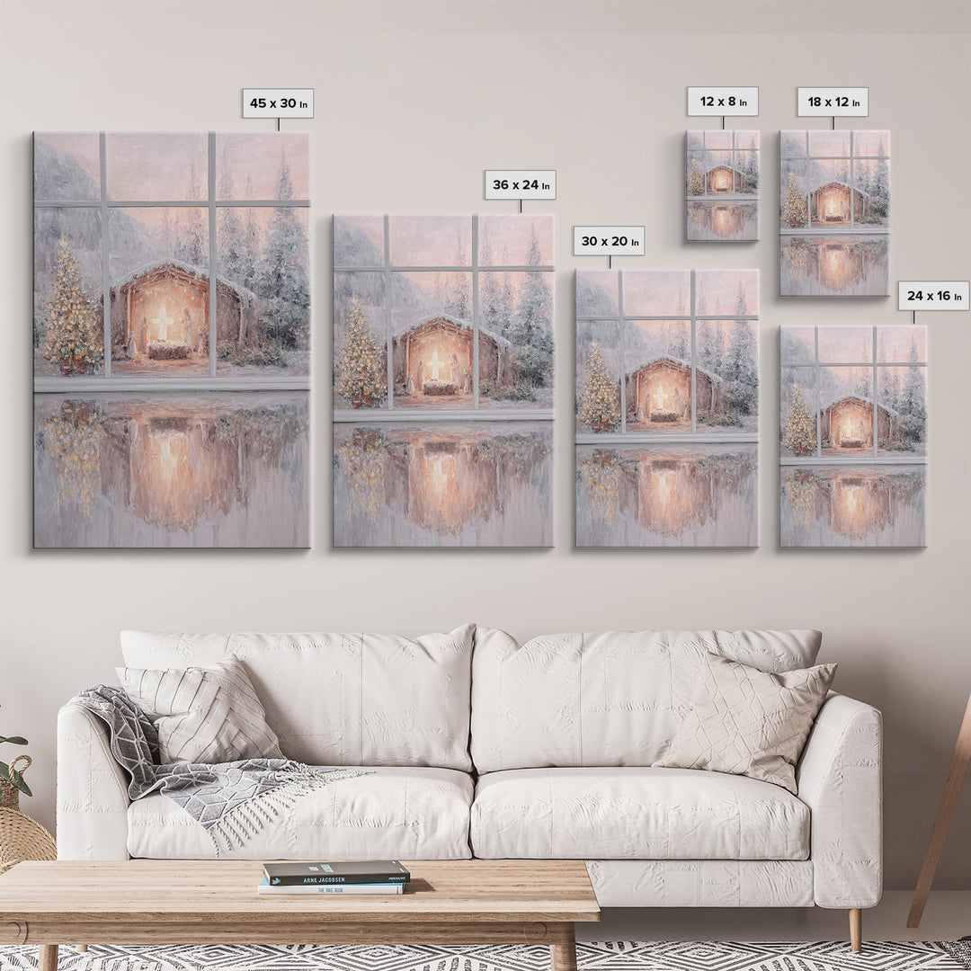 Winter Nativity Glow – Framed Canvas Print – Christmas Wall Art – Christian Christmas Art – Christmas Art Prints – Christian Decor – Framed
