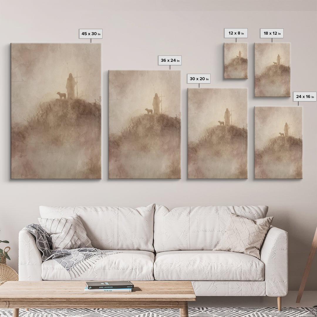 Silent Mist Journey – Framed Canvas Print – Jesus Painting – Christian Art Canvas – Christian Wall Art – Minimalist Christian Art