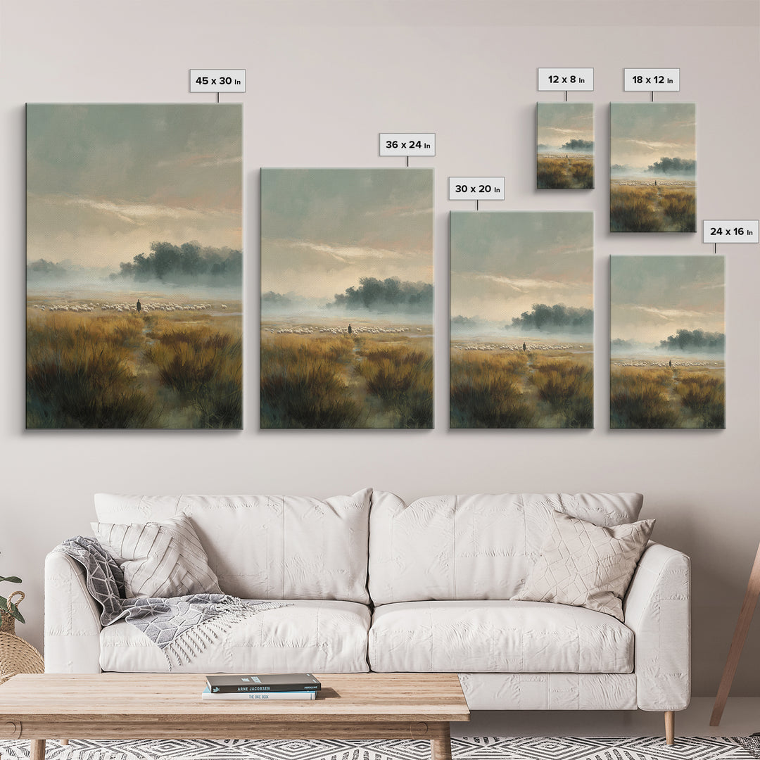 Morning Pasture – Framed Canvas Print – Christian Art Canvas – Christian Wall Art – Christian Painting – Subtle Christian Art – Pastoral Sc