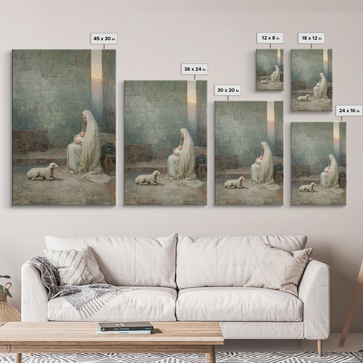 Silent Manger Grace – Framed Canvas Print – Christian Wall Art – Christian Art Canvas – Mary And Jesus Painting – Christmas Art – Christian