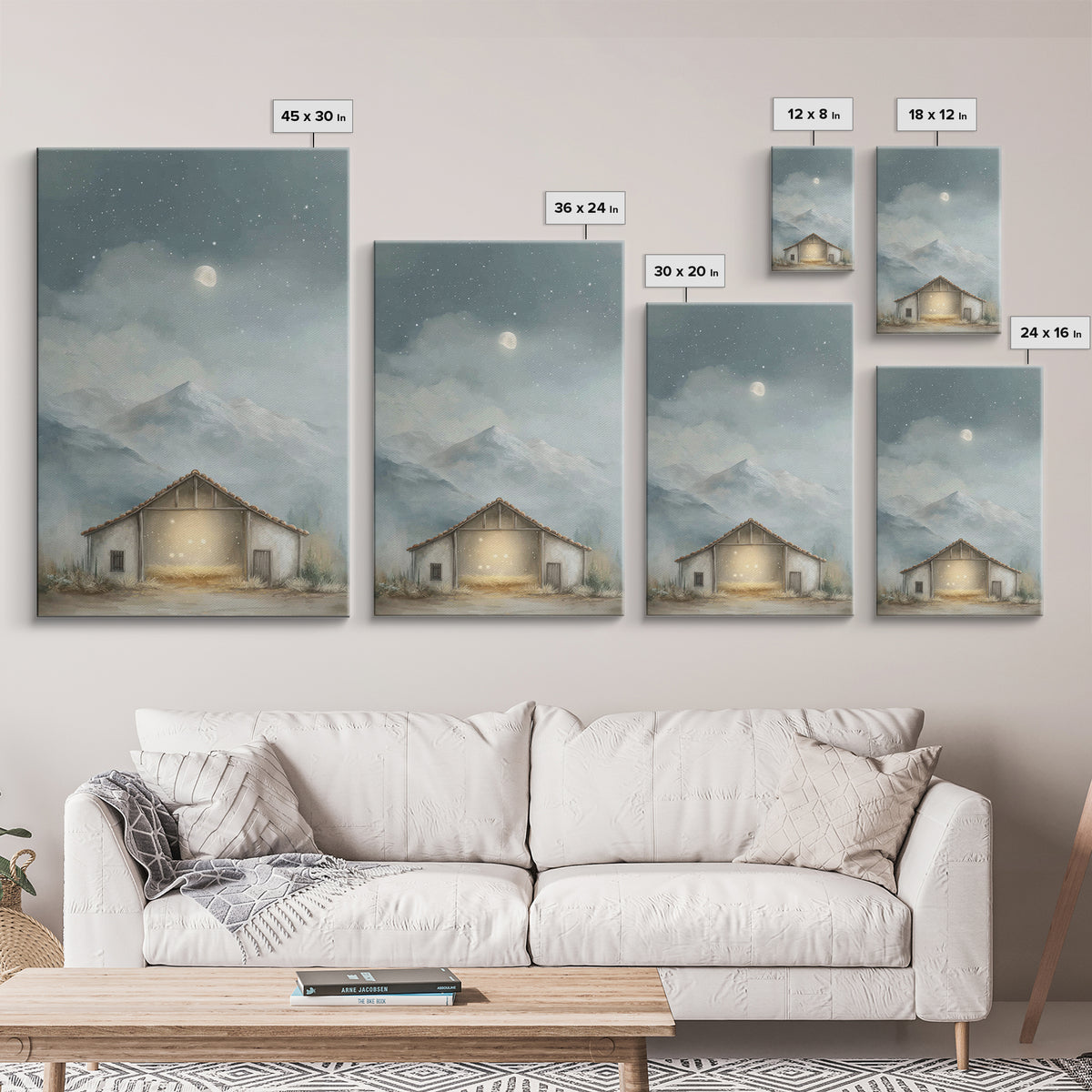 Moonlit Stable Calm | Framed Canvas Print | Christian Art Canvas | Christian Wall Art | Christmas Art | Christian Christmas Decor | Faith A