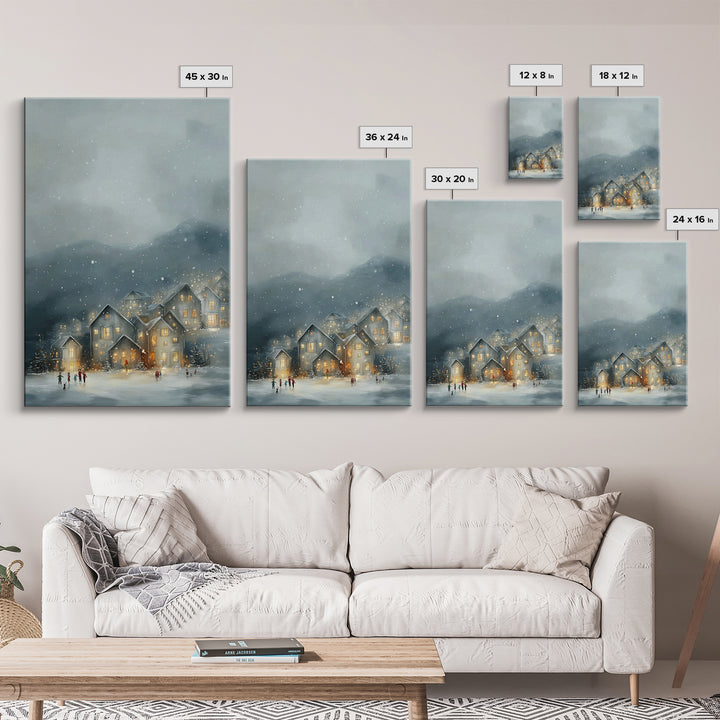 Snowy Village Light – Framed Canvas Print – Christmas Canvas Wall Art – Christian Christmas Art – Moody Christmas Art – Christian Art Canva