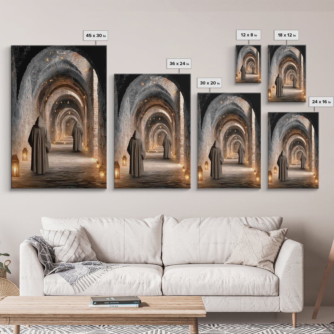 Monastic Pathway Glow – Framed Canvas Print – Christian Art Canvas – Christian Wall Art – Moody Christian Art – Christian Decor – Christmas