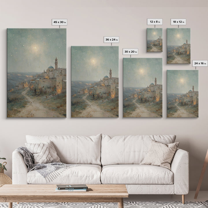 Bethlehem Nightfall, Framed Canvas Print, Christian Wall Art, Christmas Art Prints, Christian Art Canvas, Christian Christmas Art, Vintage