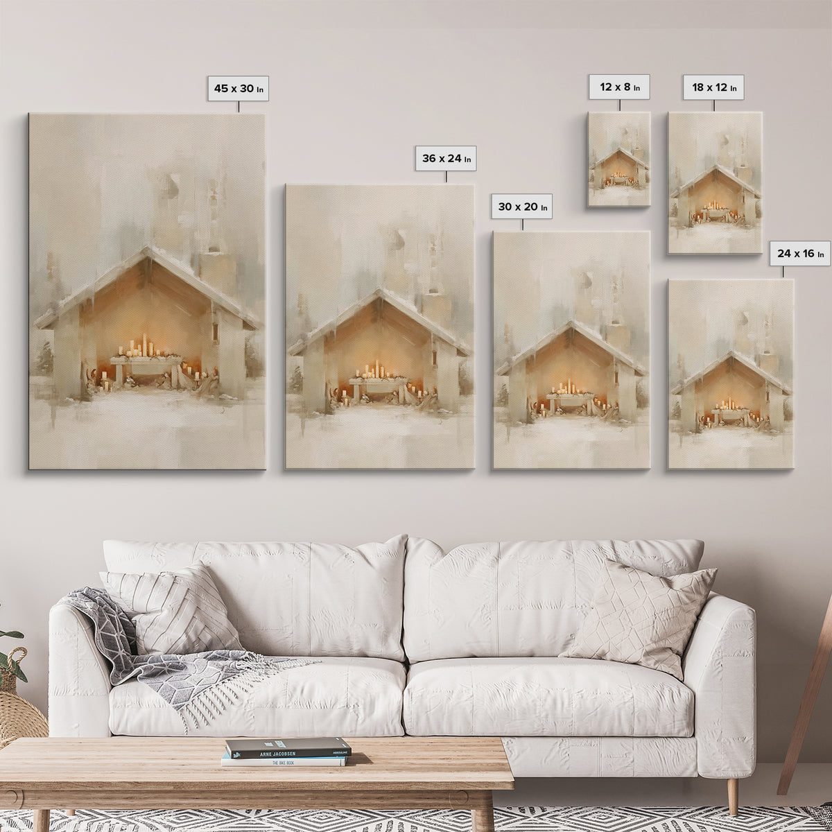 Humble Nativity Glow, Framed Canvas Print, Christmas Wall Art, Christian Art Canvas, Minimalist Christian Art, Christian Christmas Art, Sub