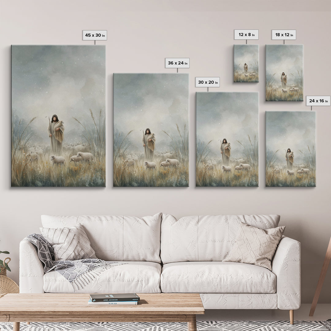 Gentle Shepherd Light – Framed Canvas Print – Jesus Painting – Christian Art Print – Christian Decor – Christian Wall Art – Minimalist Chri