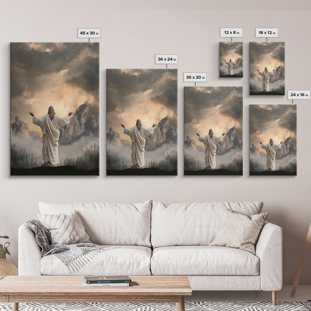 Mountain Prayer Light | Framed Canvas Print | Christian Art Canvas | Jesus Wall Art | Moody Christian Art | Large Christian Painting | Chri