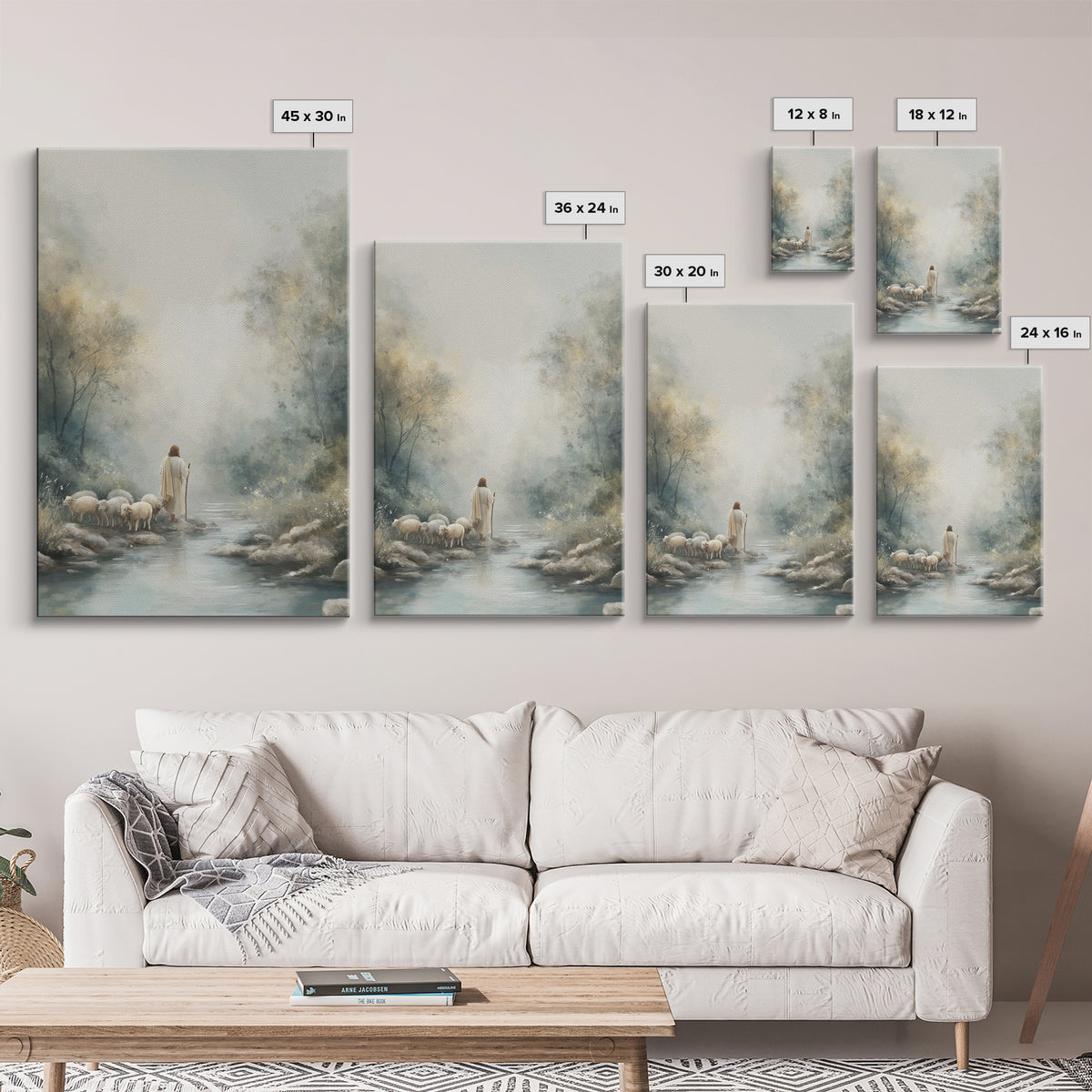 River Path Shepherd – Framed Canvas Print – Christian Art Canvas – Jesus Painting – Modern Christian Art – Christian Gift Ideas – Christian