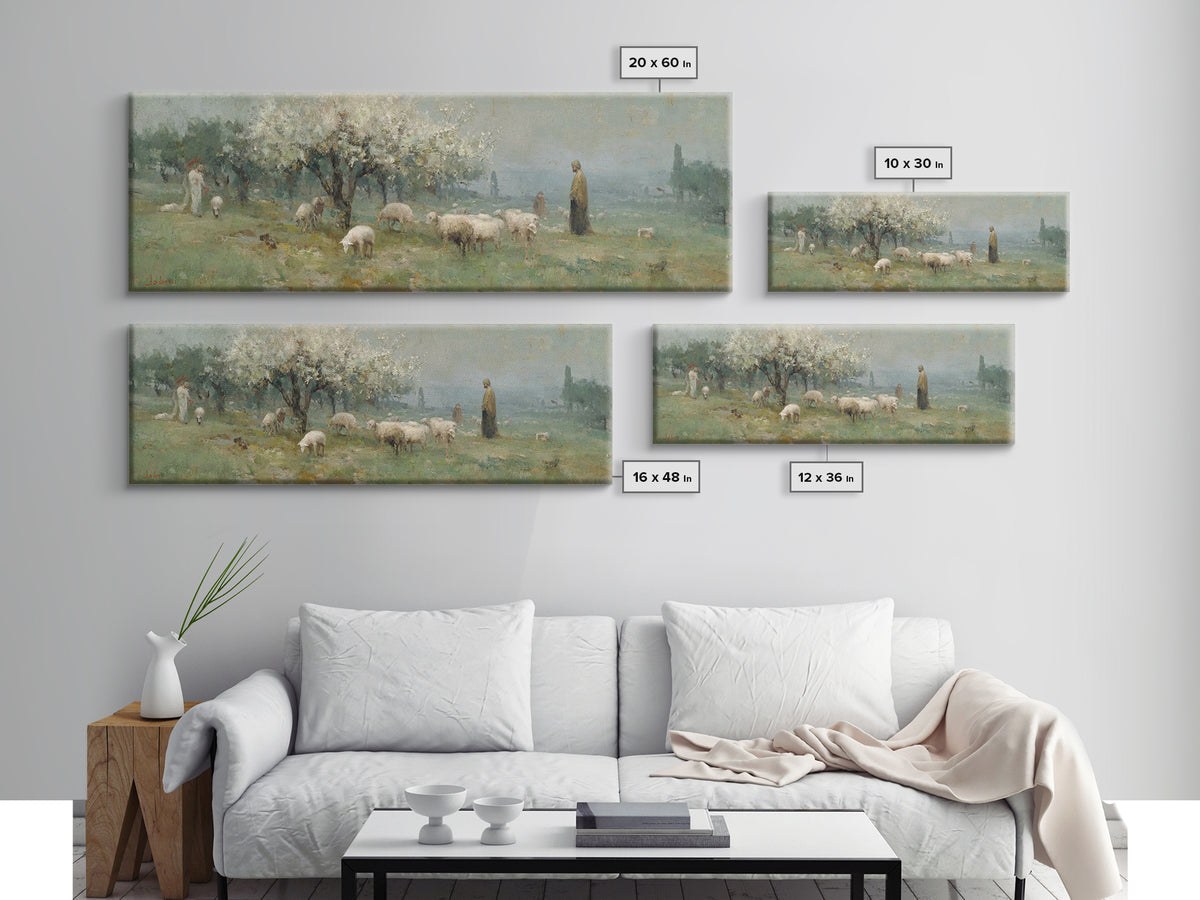 Shepherd Spring Peace – Framed Canvas Print – Christian Wall Art – Jesus Painting – Panoramic Art – Christian Art Canvas – Christmas Art