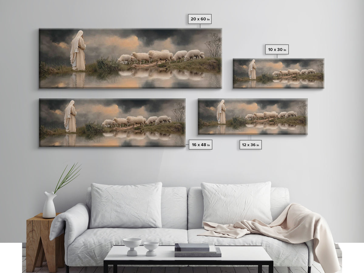 The Shepherd’s Calm – Framed Canvas Print – Christian Wall Art – Jesus Painting – Panoramic Art – Christian Christmas Art