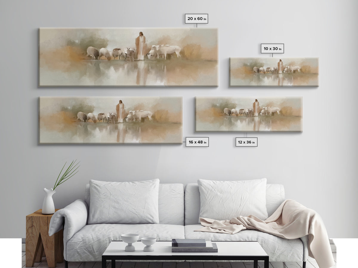 Gentle Pasture Light | Framed Canvas Print | Christian Wall Art | Panoramic Frame | Jesus Canvas Art | Christmas Art