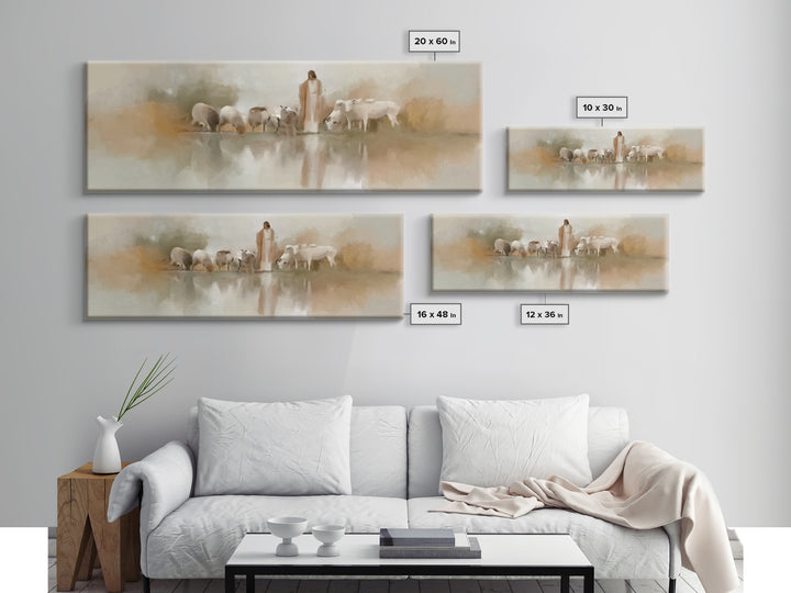 Gentle Pasture Light | Framed Canvas Print | Christian Wall Art | Panoramic Frame | Jesus Canvas Art | Christmas Art