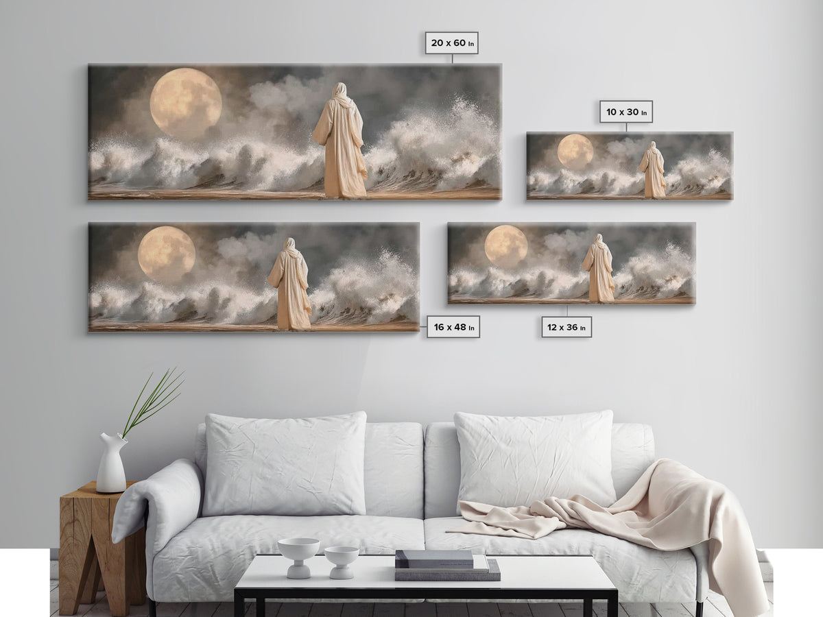 Moonlit Sea Grace | Framed Canvas Print | Panoramic Painting | Christian Wall Art | Jesus Canvas Art | Christian Art Print | Christian Deco