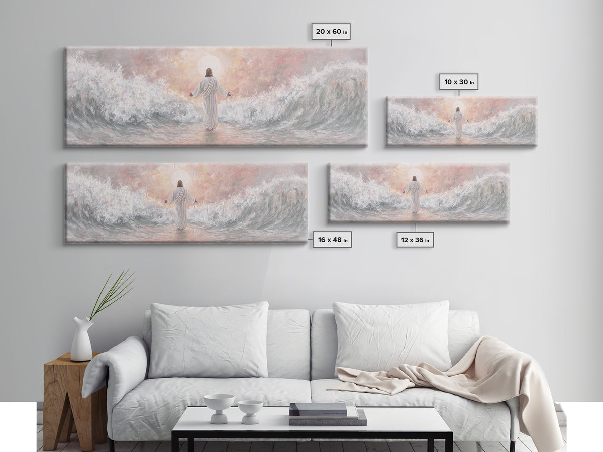 Morning Tide Mercy | Framed Canvas Print | Christian Art | Jesus Painting | Panoramic Frame | Christian Wall Art | Modern Christian Art