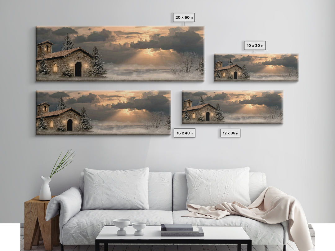 Chapel At Dawn | Framed Canvas Print | Panoramic Wall Art | Christian Art Canvas | Christian Wall Art | Christian Decor | Christmas Art
