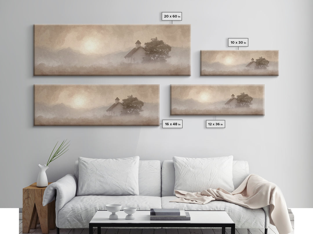 Rustic Chapel Mist – Framed Canvas Print – Panoramic Frame – Christian Art Canvas – Christian Wall Art – Christian Christmas Art – Christia