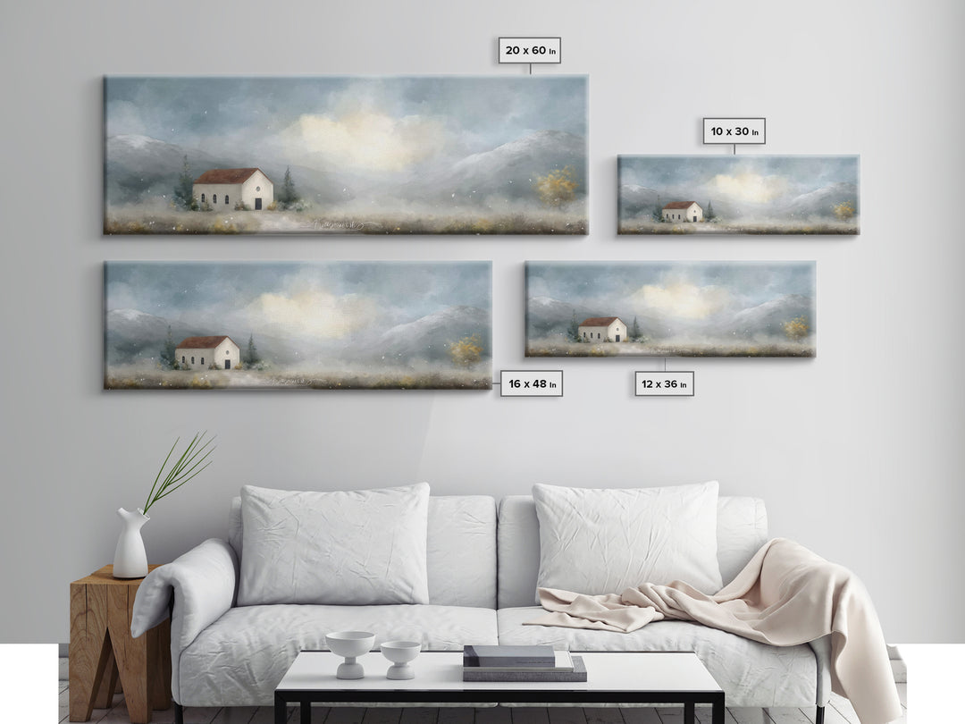 Valley Church Calm, Framed Canvas Print, Panoramic Painting, Christian Art Canvas, Christian Decor, Christian Christmas Art, Christian Wall