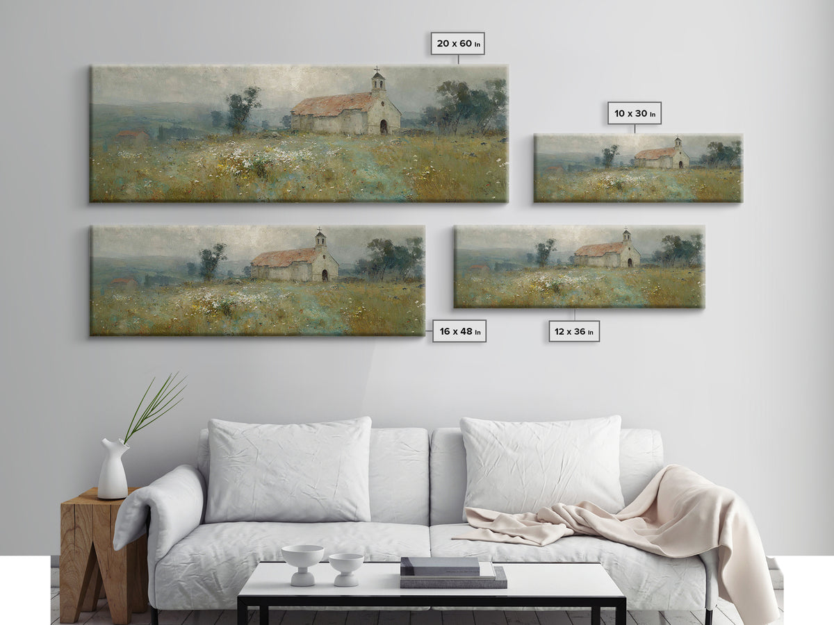 Fieldside Chapel Grace | Framed Canvas Print | Panoramic Wall Art | Christian Art Canvas | Christian Decor | Christian Art | Christmas Art