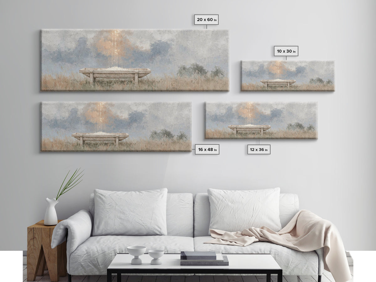 Starborn Manger | Framed Canvas Print | Christmas Wall Art | Christian Christmas Art | Panoramic Frame | Christian Art Canvas | Christmas A