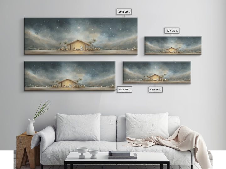 Holy Night Shelter, Framed Canvas Print, Panoramic Wall Art, Christian Art, Christmas Art Prints, Christian Christmas Decor, Jesus Painting