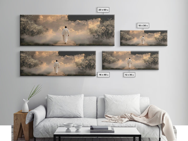 Heavenly Dawn Walk, Framed Canvas Print, Christian Wall Art, Christian Art Canvas, Panoramic Wall Art, Jesus Painting, Christmas Art