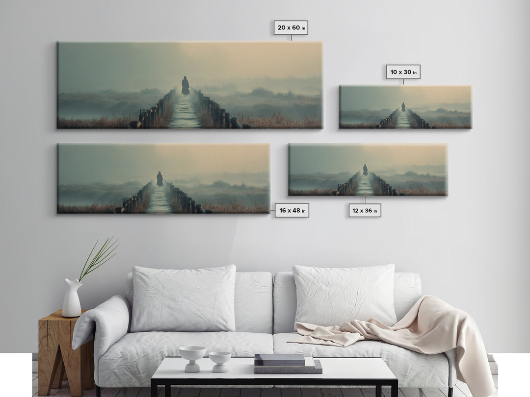 Misty Bridge Journey | Framed Canvas Print | Christian Wall Art | Jesus Painting | Panoramic Art | Christian Art Canvas | Christmas Art