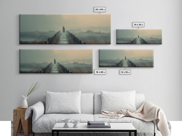 Misty Bridge Journey | Framed Canvas Print | Christian Wall Art | Jesus Painting | Panoramic Art | Christian Art Canvas | Christmas Art