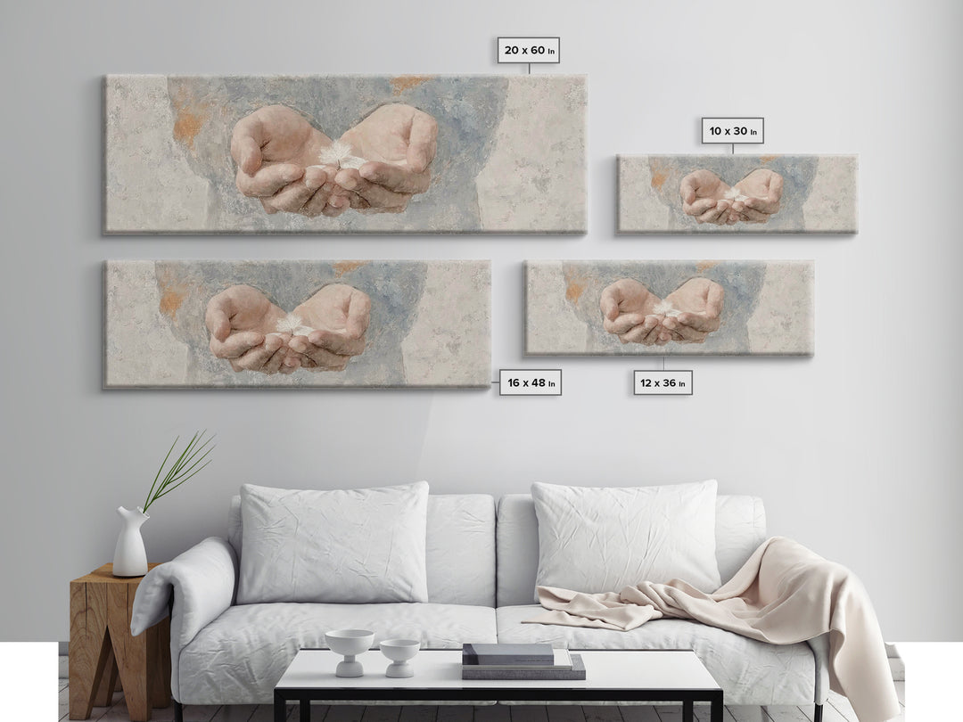 Hands Of Mercy | Framed Canvas Print | Panoramic Painting | Christian Art | Christian Art Canvas | Christian Gift Ideas | Minimalist Christ