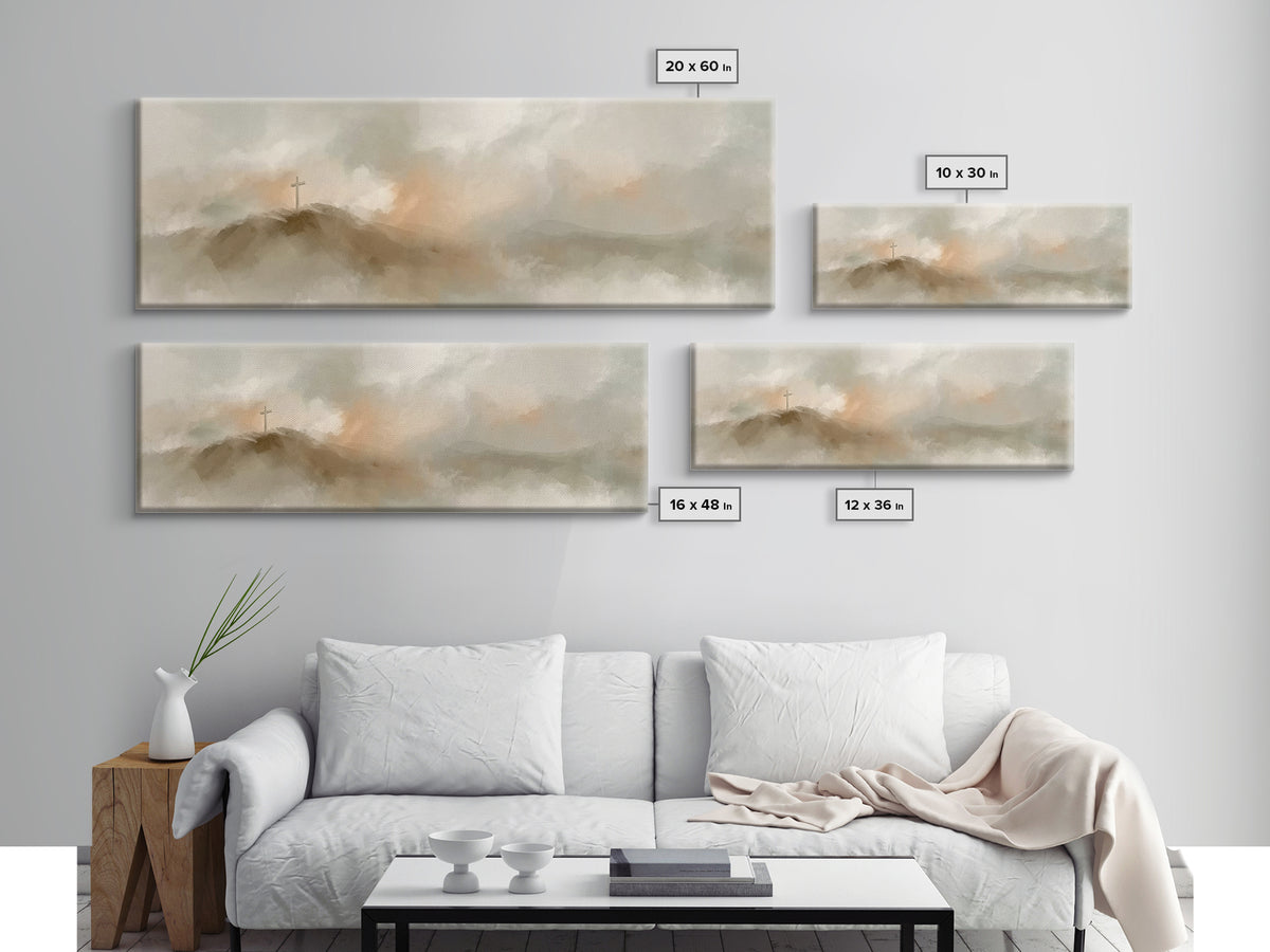Cross On The Hill – Framed Canvas Print – Christian Art Print – Panoramic Painting – Christian Wall Art – Vintage Christian Art – Christian