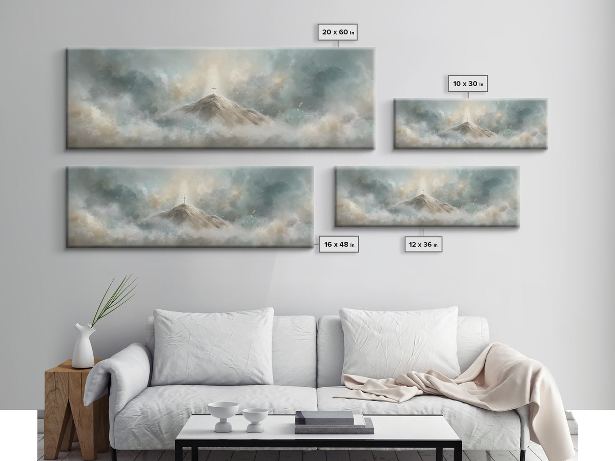Peaceful Crossrise, Framed Canvas Print, Christian Art Print, Panoramic Painting, Christian Wall Art, Subtle Christian Art, Christian Gift