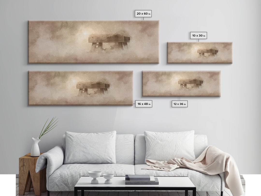Manger Light Glory, Framed Canvas Print, Christian Art Canvas, Christian Wall Art, Panoramic Painting, Christmas Art Prints, Christian Deco