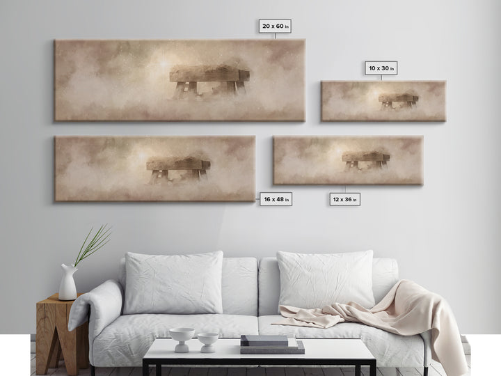 Manger Light Glory, Framed Canvas Print, Christian Art Canvas, Christian Wall Art, Panoramic Painting, Christmas Art Prints, Christian Deco