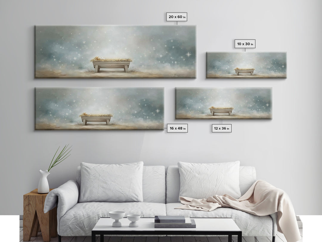 Starry Night Manger, Framed Canvas Print, Christian Christmas Art, Panoramic Art, Christian Wall Art, Jesus Painting