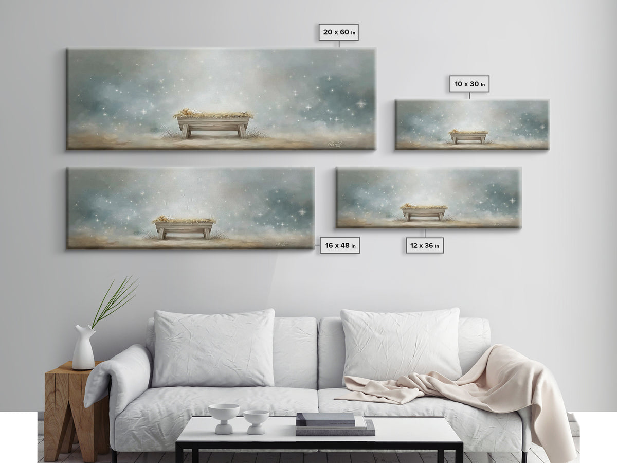 Starry Night Manger, Framed Canvas Print, Christian Christmas Art, Panoramic Art, Christian Wall Art, Jesus Painting