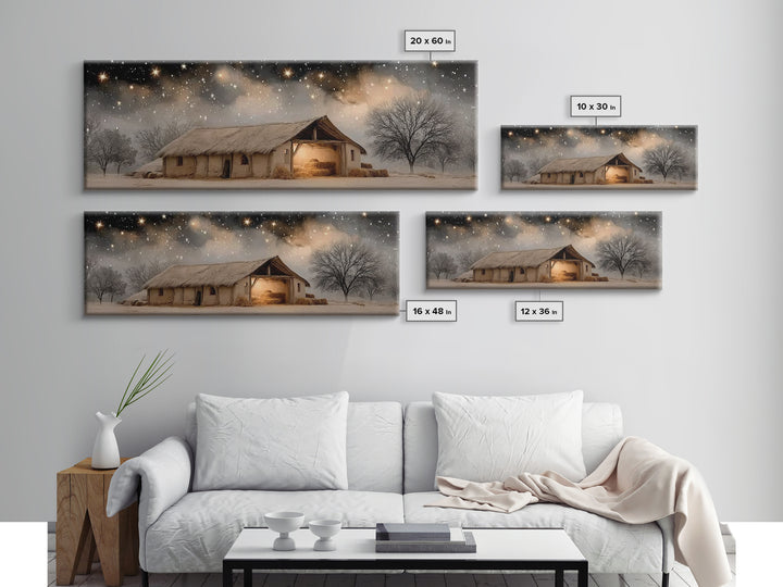 Starry Stable Night – Framed Canvas Print – Christian Christmas Art – Panoramic Painting – Christmas Wall Art – Christian Decor